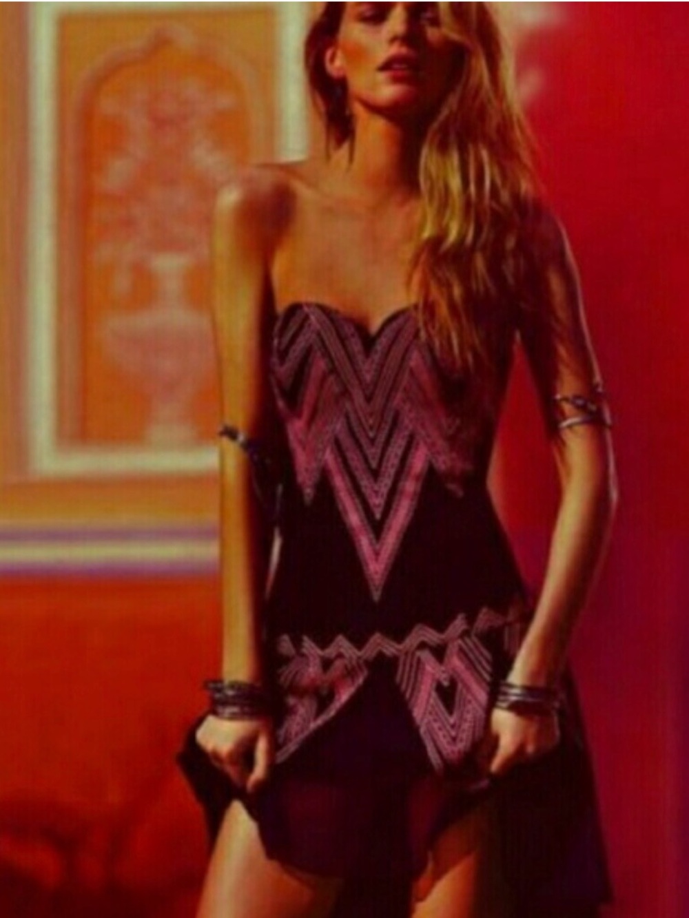 Free People Black Strapless high low Dress with Pink Chevron Embroidery